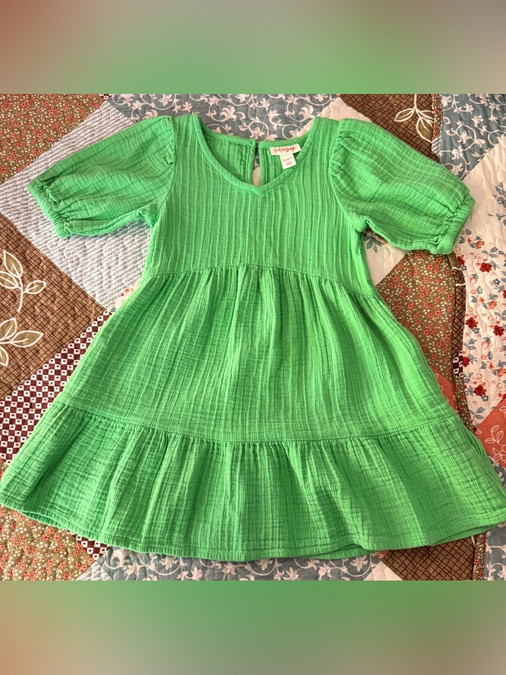 Cat & Jack Girls Bright Green Gauze Tiered Dress XS 4/5 Puff Sleeve